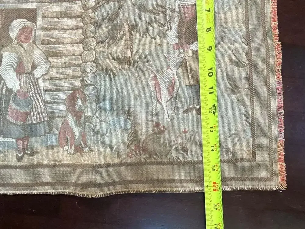 Vintage Gobelin Wall Hanging Tapestry Village Scene with Log Cabin, Dogs